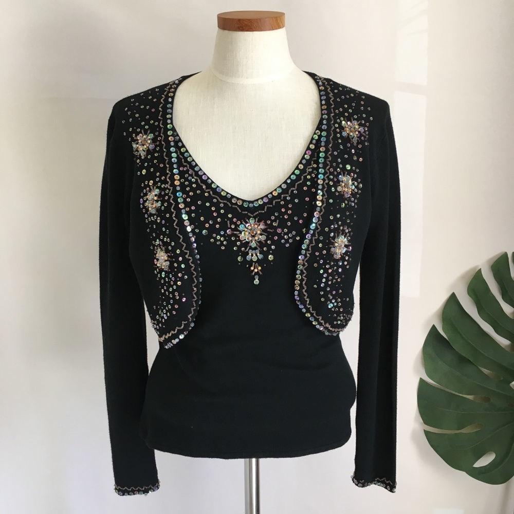 BEADED sequins black sweater twinset